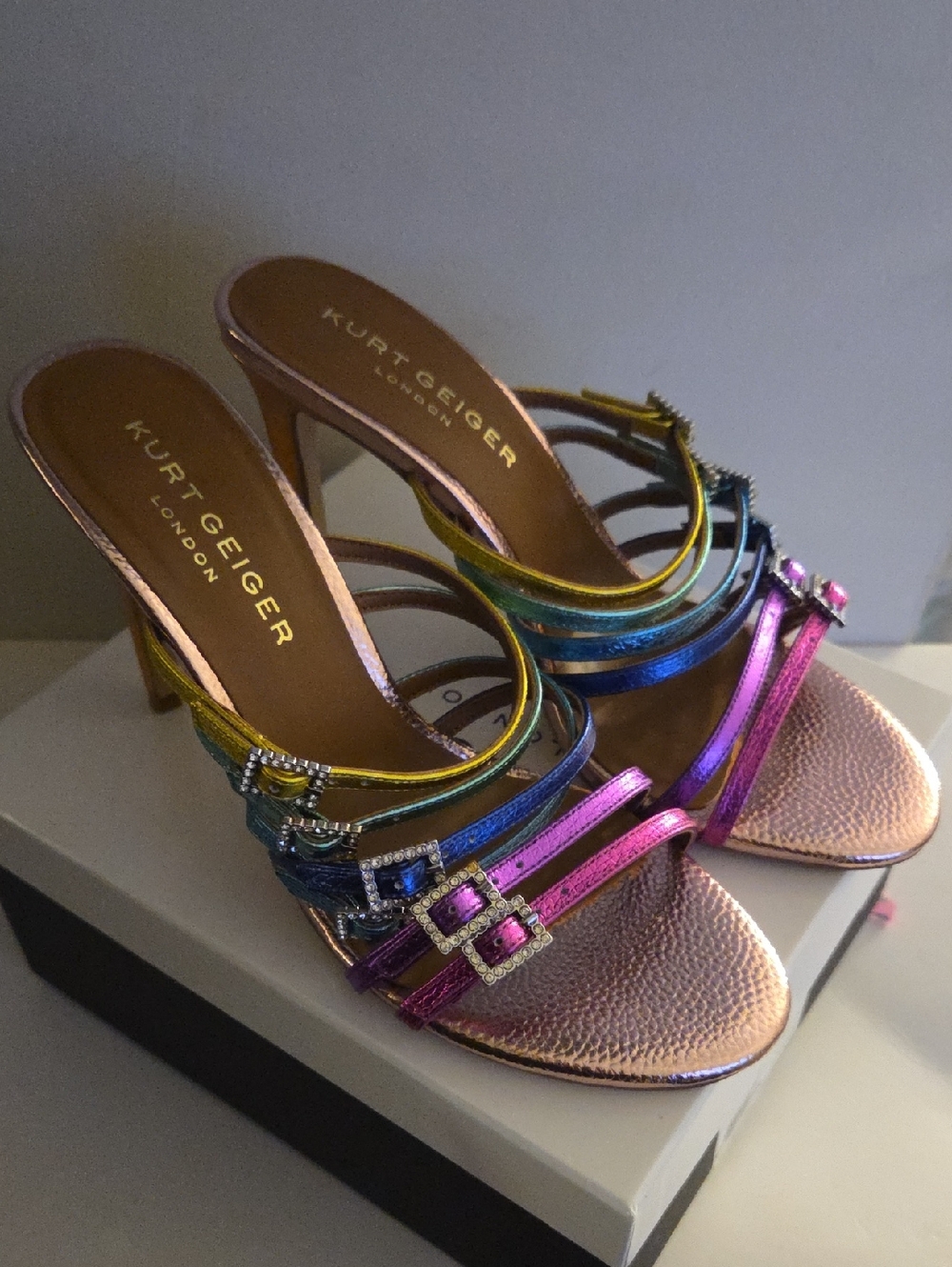 Kurt Geiger Metallic Rainbow Strappy Mule Heels